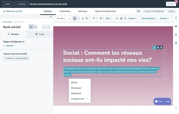 IA hubspot création contenu